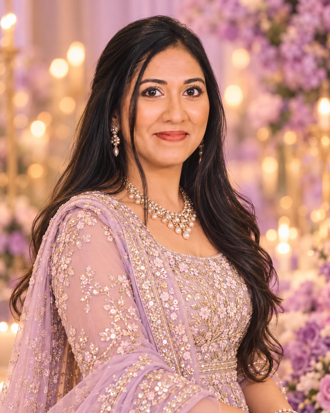 Geetha Adith in a lilac bridal look, founder and lead makeup artist of Lilac Touché